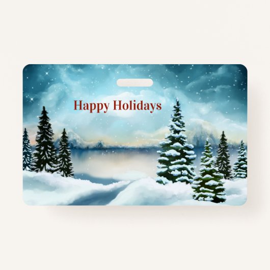 Snowy dennenbomen in de buurt van een meer badge (Voorkant)