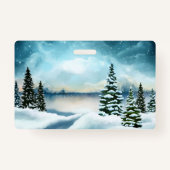 Snowy dennenbomen in de buurt van een meer badge (Achterkant)