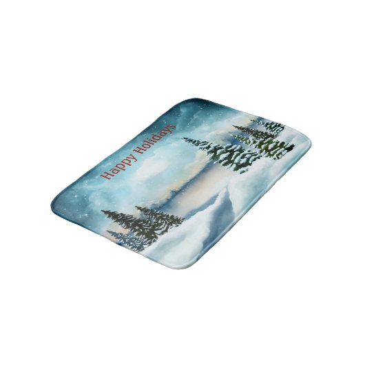 Snowy dennenbomen in de buurt van een meer badmat (Gekanteld)