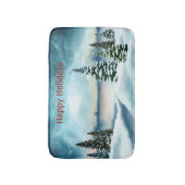 Snowy dennenbomen in de buurt van een meer badmat (Voorkant Verticaal)