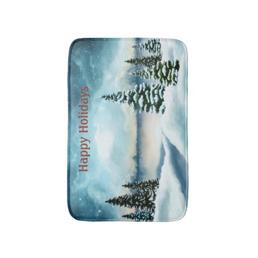 Snowy dennenbomen in de buurt van een meer badmat (Voorkant Verticaal)