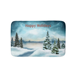 Snowy dennenbomen in de buurt van een meer badmat