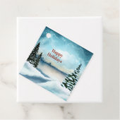 Snowy dennenbomen in de buurt van een meer bedankjes labels (In situ)