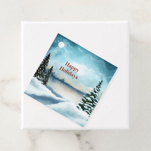 Snowy dennenbomen in de buurt van een meer bedankjes labels (In situ)