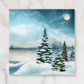 Snowy dennenbomen in de buurt van een meer bedankjes labels (Achterkant)