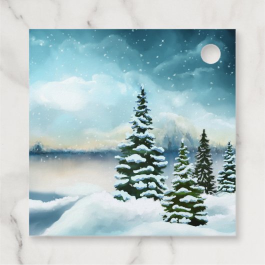 Snowy dennenbomen in de buurt van een meer bedankjes labels (Achterkant)