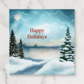 Snowy dennenbomen in de buurt van een meer bedankjes labels (Voorkant)