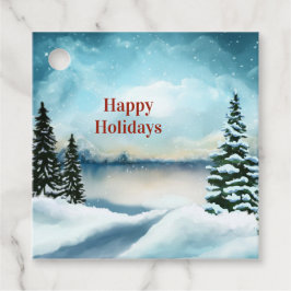 Snowy dennenbomen in de buurt van een meer bedankjes labels