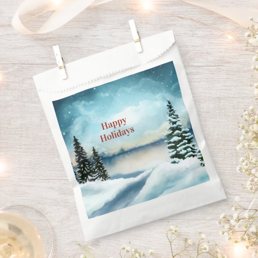 Snowy dennenbomen in de buurt van een meer bedankzakje (Geknipt)