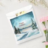 Snowy dennenbomen in de buurt van een meer bedankzakje (Gezegeld)