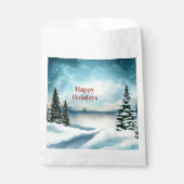 Snowy dennenbomen in de buurt van een meer bedankzakje (Voorkant)