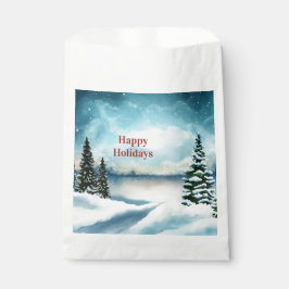 Snowy dennenbomen in de buurt van een meer bedankzakje