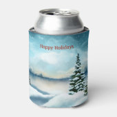 Snowy dennenbomen in de buurt van een meer blikjeskoeler (Blikje Voorkant)