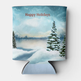 Snowy dennenbomen in de buurt van een meer blikjeskoeler