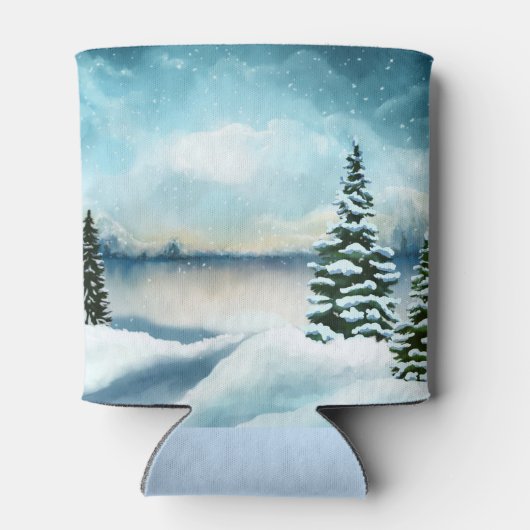 Snowy dennenbomen in de buurt van een meer blikjeskoeler (Achterkant)