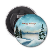 Snowy dennenbomen in de buurt van een meer button flesopener (Voorkant)