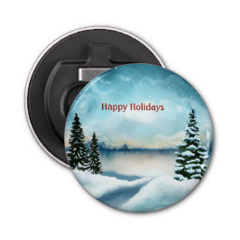 Snowy dennenbomen in de buurt van een meer button flesopener