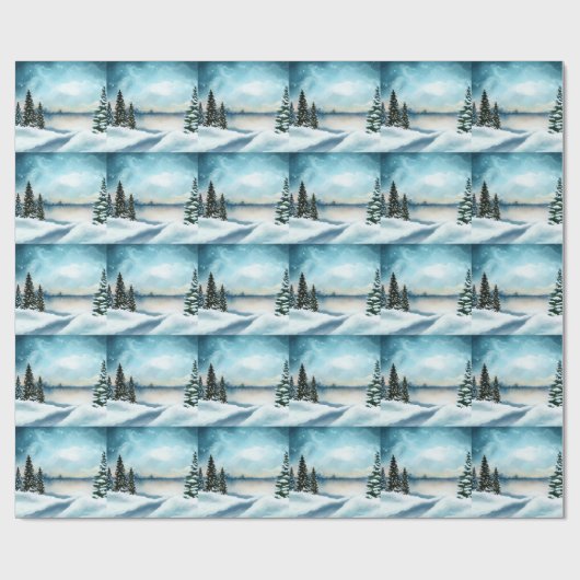 Snowy dennenbomen in de buurt van een meer cadeaupapier (Vlak)