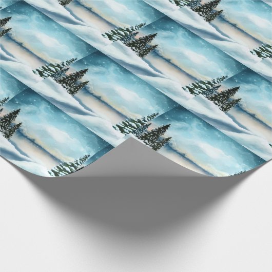 Snowy dennenbomen in de buurt van een meer cadeaupapier (Hoek)