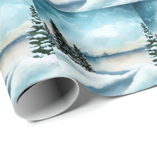 Snowy dennenbomen in de buurt van een meer cadeaupapier (Rol Hoek)