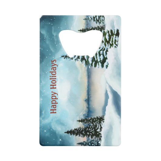 Snowy dennenbomen in de buurt van een meer creditkaart flessenopener (Voorkant)