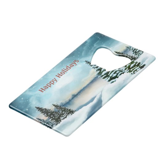 Snowy dennenbomen in de buurt van een meer creditkaart flessenopener (Voorkant Gekanteld)