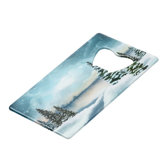 Snowy dennenbomen in de buurt van een meer creditkaart flessenopener (Achterkant Gekanteld)