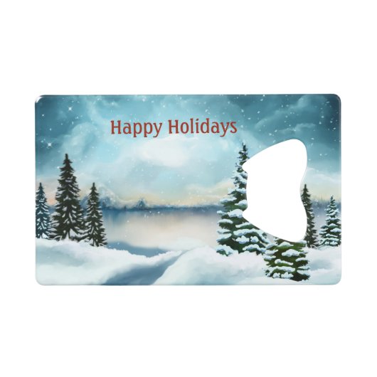 Snowy dennenbomen in de buurt van een meer creditkaart flessenopener (Voorkant (Horizontaal))