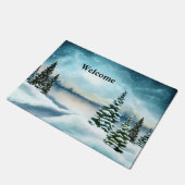 Snowy dennenbomen in de buurt van een meer deurmat (Schuin)