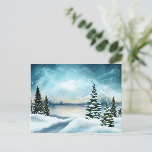 Snowy dennenbomen in de buurt van een meer feestdagenkaart (Staand voorkant)