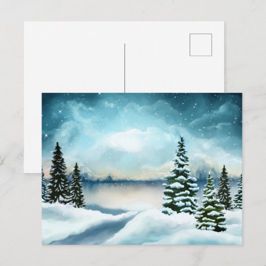 Snowy dennenbomen in de buurt van een meer feestdagenkaart (Voorkant / Achterkant)