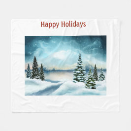 Snowy dennenbomen in de buurt van een meer fleece deken