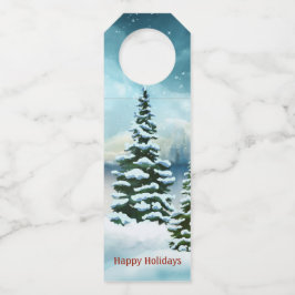 Snowy dennenbomen in de buurt van een meer flessenhanger