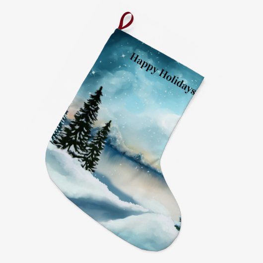 Snowy dennenbomen in de buurt van een meer grote kerstsok (Voorkant (Hangend))