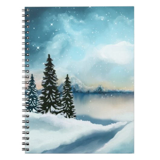 Snowy dennenbomen in de buurt van een meer notitieboek (Voorkant)