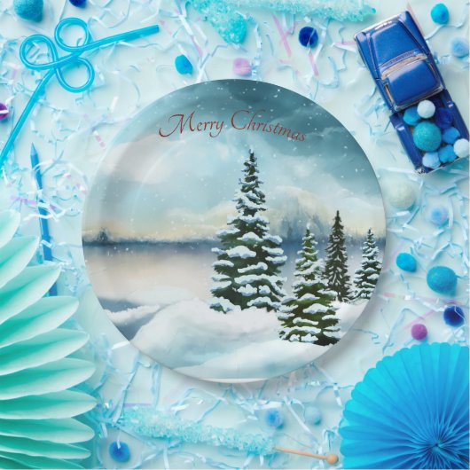 Snowy dennenbomen in de buurt van een meer papieren bordje (Feest)