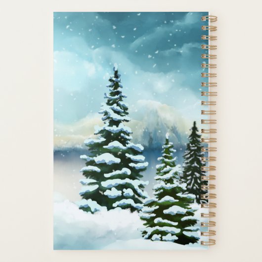 Snowy dennenbomen in de buurt van een meer planner (Achterkant)