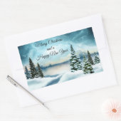 Snowy dennenbomen in de buurt van een meer rechthoekige sticker (Envelop)