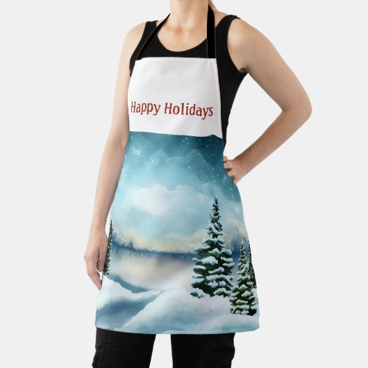 Snowy dennenbomen in de buurt van een meer schort (Insitu)