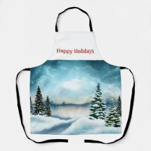 Snowy dennenbomen in de buurt van een meer