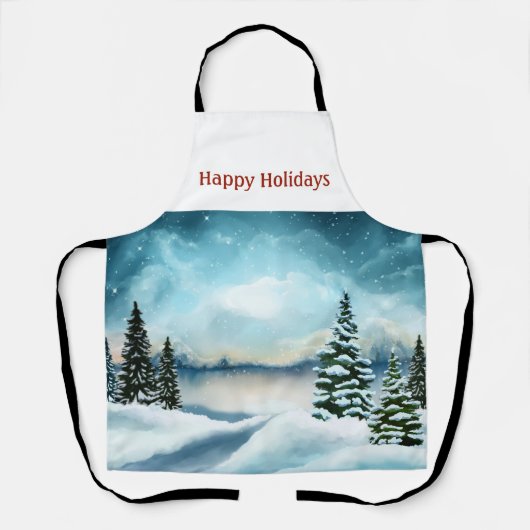 Snowy dennenbomen in de buurt van een meer schort (Voorkant)