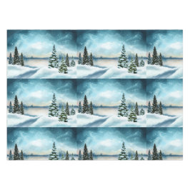 Snowy dennenbomen in de buurt van een meer tafelkleed