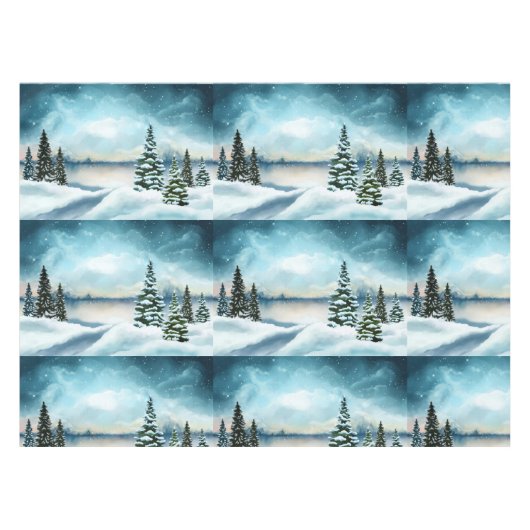Snowy dennenbomen in de buurt van een meer tafelkleed (Voorkant (Horizontaal))