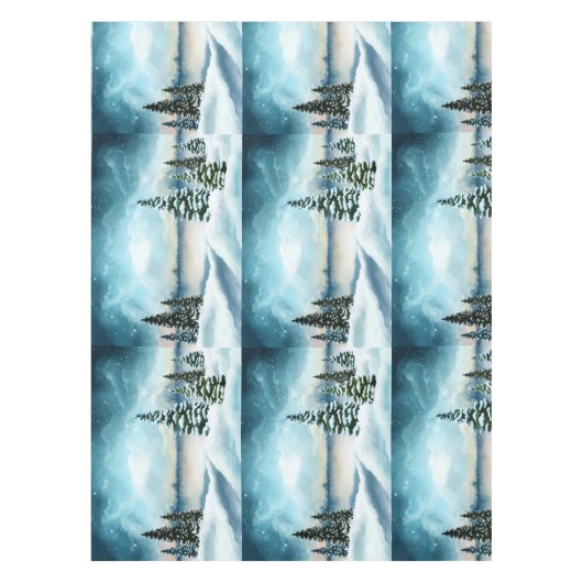 Snowy dennenbomen in de buurt van een meer tafelkleed (Voorkant)