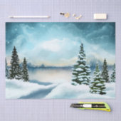 Snowy dennenbomen in de buurt van een meer tissuepapier (Craft)