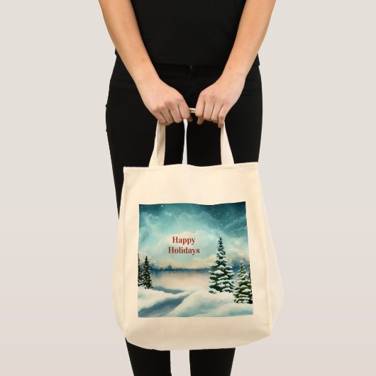 Snowy dennenbomen in de buurt van een meer tote bag (Voorkant (product))