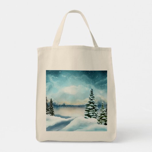 Snowy dennenbomen in de buurt van een meer tote bag (Achterkant)