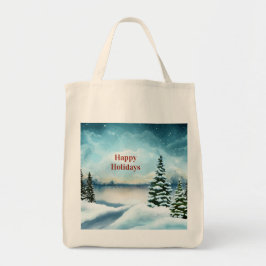 Snowy dennenbomen in de buurt van een meer tote bag