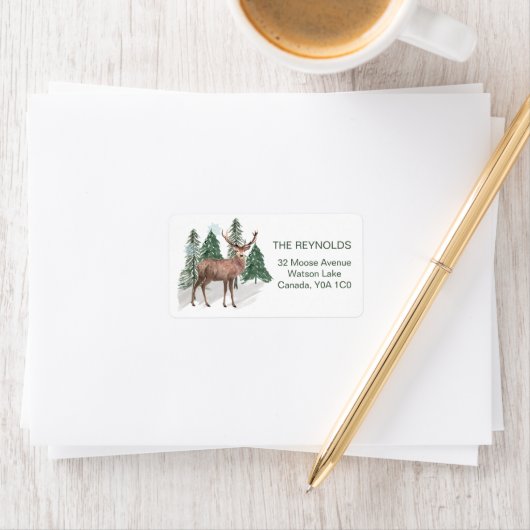 Snowy dennenbomen, Reindeer Return Address Label (Insitu)