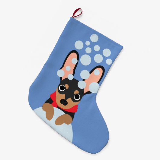 Snowy Doberman Pinscher Kerststop Grote Kerstsok (Voorkant (Hangend))